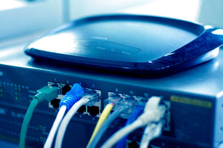 Router with cable wires, IT industry internet router with cable wiresの写真素材