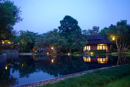 beautiful tropical resort architecture lightingのeditorial素材
