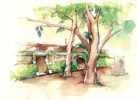 temple ancient brick tunnel under the tree illustrationの写真素材