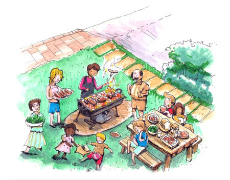 Barbecue party at the yard illustration  Family and friends barbecue の写真素材