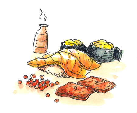 sushi illustration, nigiri and sashimi in water colorの写真素材