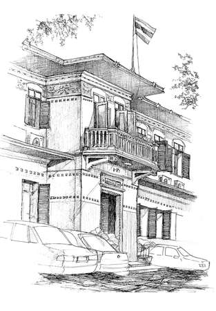 colonial building pencil black and white sketchの写真素材