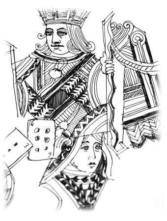 king and queen card hand sketch illustrationの写真素材