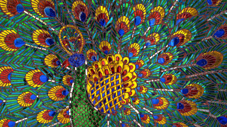 peacock features exotic art, glass work on the wallのeditorial素材