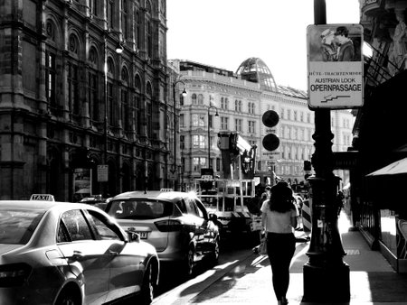 Beautiful black and white street photo of tourist in Vienna, Austriaのeditorial素材