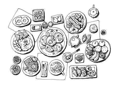 full set breakfast hand illustrationの写真素材