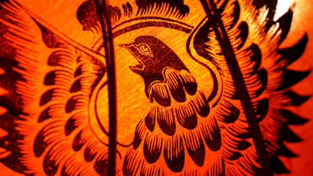 Thai, mynmar art bird painting on orange umbrealla. Oriental artの写真素材