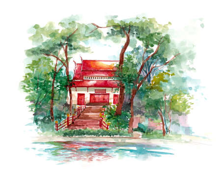 red classic Asian building in lush nature in front of pondの写真素材