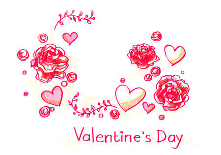 valentine's roses and hearts hand illustrationの写真素材