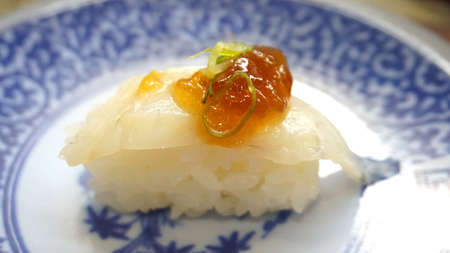 sushi nigiri white fish, seabass with salmon roeの写真素材