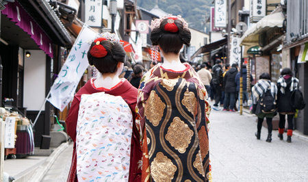 Kyoto, Japan - March 2015 - Geisha wears traditional clothes with signature white powder on neckのeditorial素材