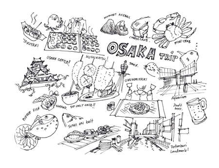 Osaka Japan drawing illustration of landmark and must do itemsの写真素材