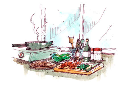 cooking at home watercolour painting illustrationの写真素材