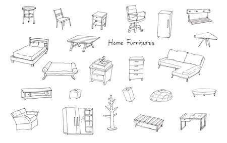 variety illustration of modern home furnitures hand drawingの写真素材