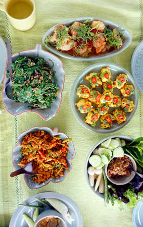 Top view of Thai cuisine dishes, famous international tasty foodの写真素材