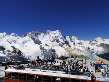Matterhorn, Zermatt Switzerland. Green city tourist and electric trainのeditorial素材