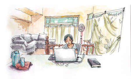Asian girl working with computer from home hadn painting illustrationの写真素材