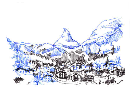 matterhorn zermatt green city hand drawing illustrationの写真素材