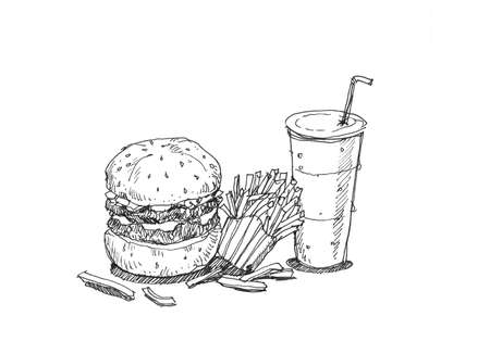 hamburger fires and soda set hand drawing illustrationの写真素材