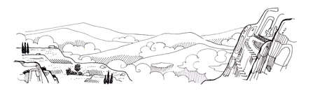landscape fantasy drawing mountain scape cloud and treeの写真素材