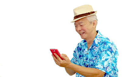 Asian man on hawaii shirt use smart phone connect with family on holiday trip