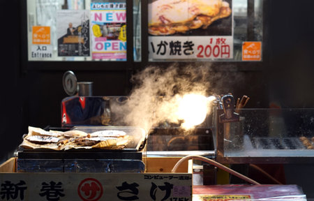 Osaka, Japan - March 2015: Japanese street food skrewer chicken sell in front of the shopのeditorial素材