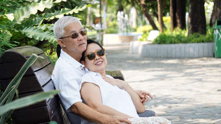 Asian senior with green nature background at morning sun lightの写真素材