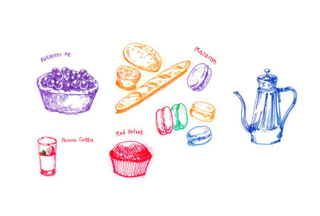 Tea party with variety of dessert hand drawing illustrationの写真素材
