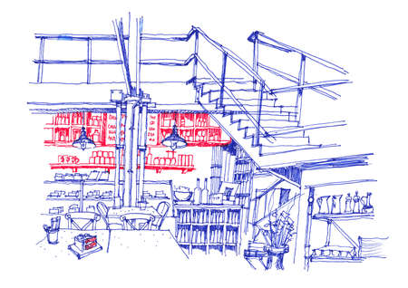 cafe coffee shop interior line hand drawing red and blueの写真素材