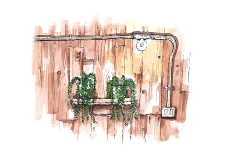 watercolour painting grunge wood wall with metal eletricity pipe and green plant visibleの写真素材