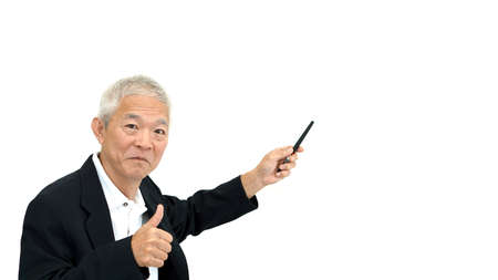 happy business asian man manager success presenting on white isolated backgroundの写真素材