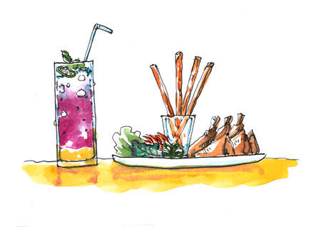 Watercolor illustration Asian fried rolls appetizer and drinksの写真素材