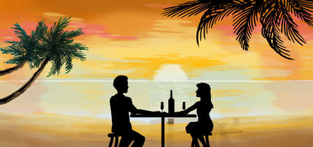 Romantic couple dinner at tropical sunset illustrationの写真素材
