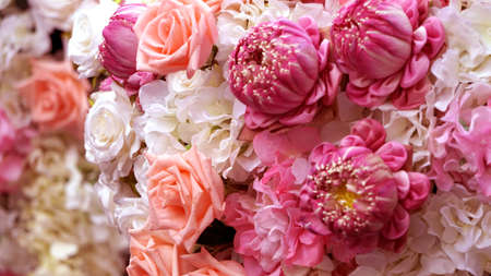 Pink roses and lotuses flower bouquet valentine day backgroundの写真素材