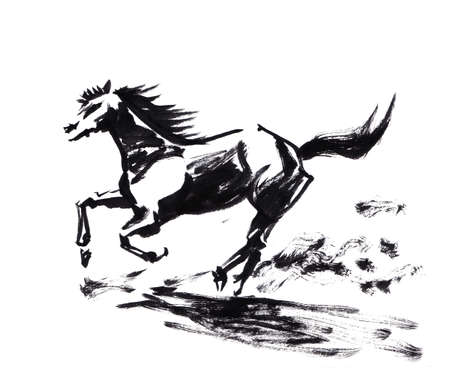 Horse running chinese brush painting, artistic caligraphyの写真素材