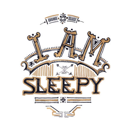 I am sleepy typograhy design hand drawing with black pen and gold color, tiring and insomnia conceptの写真素材