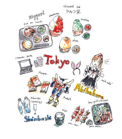 Illustration memory of Tokyo. Food and fun experience drawing doodleの写真素材