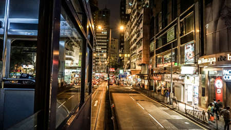 Editorial Hong Kong illuminated neon night view from inside tram