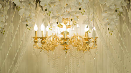 Beautiful background of chandelier and white flower weddomg decorationの写真素材