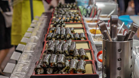 Kimbap or Gimbap, Korean seaweed rice rolls vendor selling in Myeong dong streetの写真素材