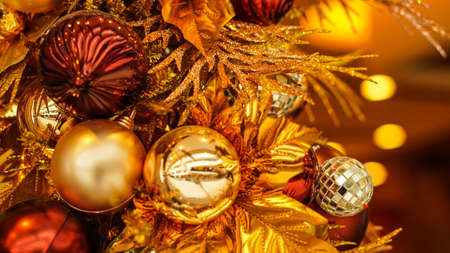 Beautiful Christmas ornament gold and red copy spaceの写真素材