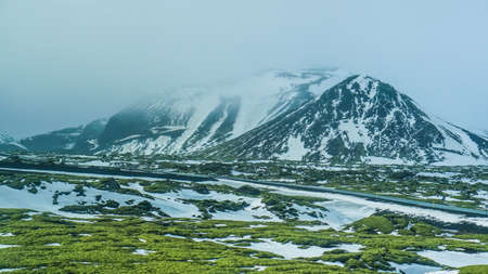 Iceland extreme bad weather snow and fog mountaitn background, green moss fieldの写真素材