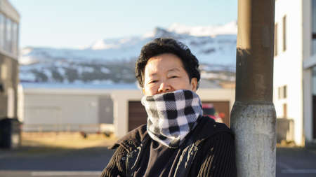 Asian senior woman portrait in Europeの写真素材