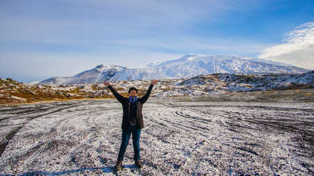Asian senior woman travel to Europe, Iceland enjoy lifeの写真素材