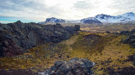 Iceland volcanice landscape field and volcano craterの写真素材