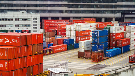 Hong Kong - 23 April 2016 : Cargo and crane shipment dock. World main transportation portのeditorial素材