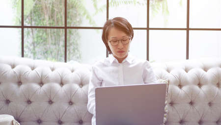 Freelance Asian woman working notebook computer at home sofaの写真素材