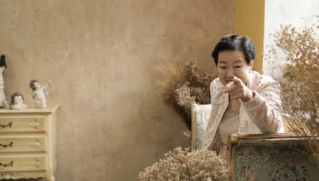 Asian senior woman sit in beautiful luxury interior room tuscan vintage styleの写真素材