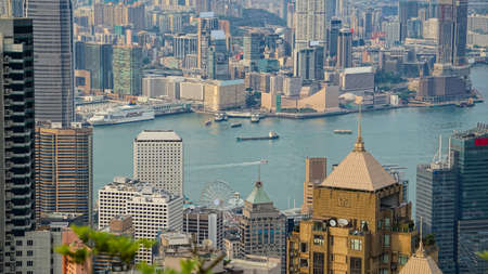 Close up of Hong Kong commercial and housing buildingの写真素材