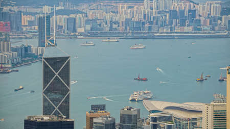 Close up of Hong Kong commercial and housing buildingの写真素材